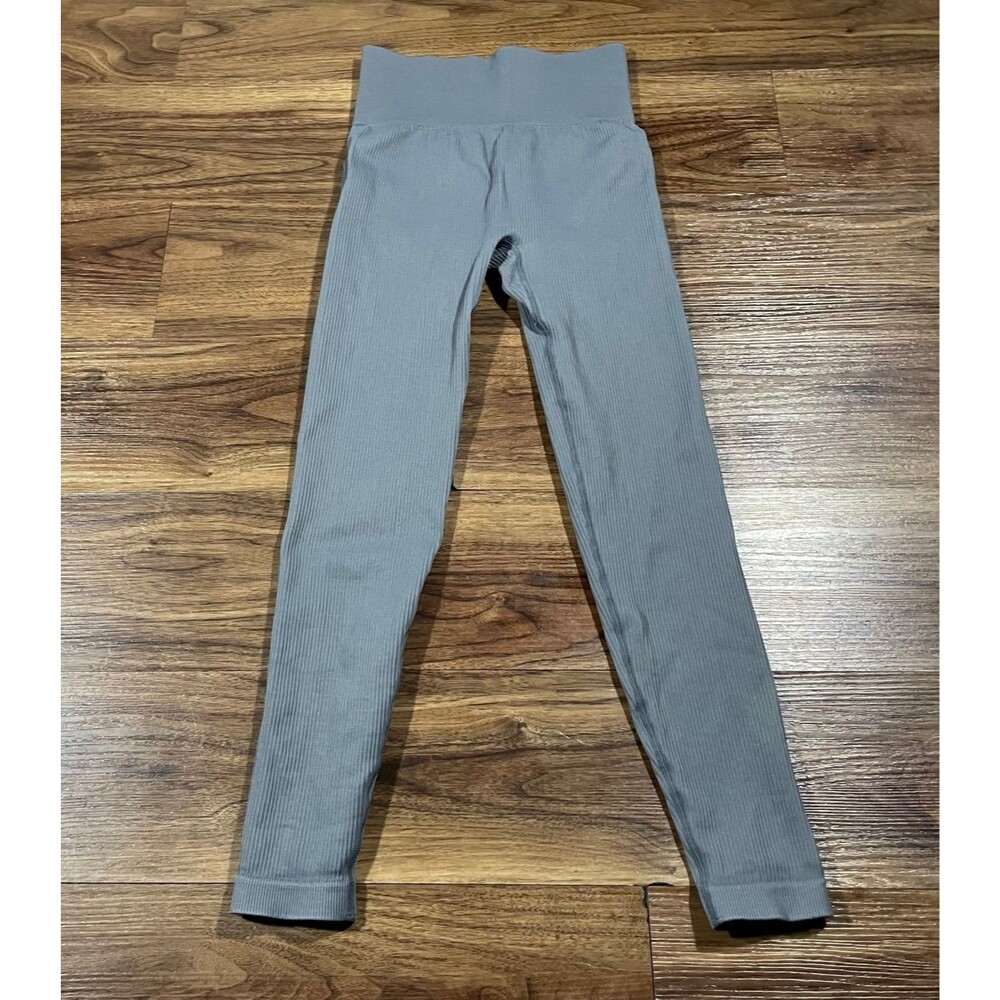 OQQ Women’s Small Seamless Ribbed Leggings Nylon Gray Workout Gym Yoga Casual